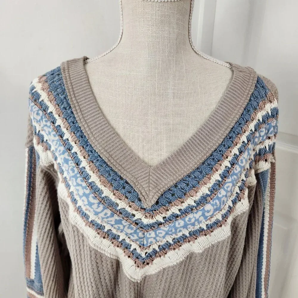 Free People Sweater Womens XS Copenhagen Thermal Waffle Contrasting Sleeves - Picture 2 of 16